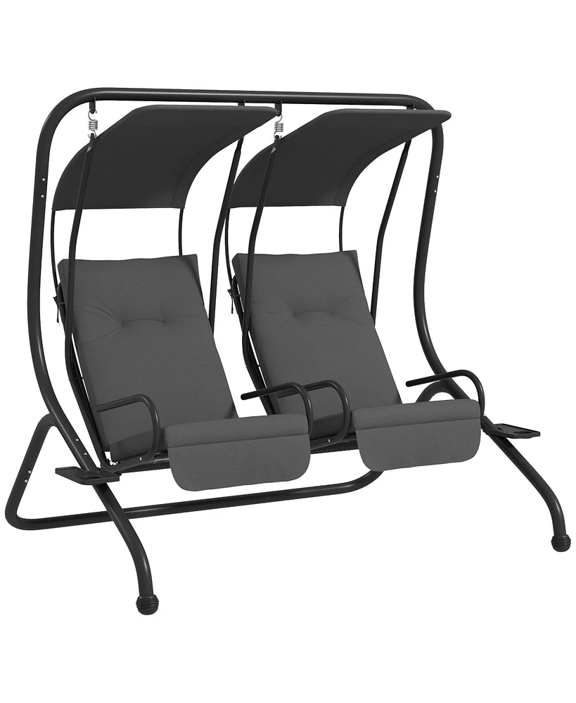Outsunny 2-Seat Patio Swing Chair w/ Removable Canopy & Cup Holders,