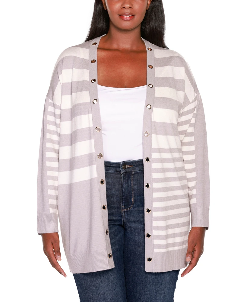 Belldini Plus Black Label Color Blocked Variegated-Stripe Cardigan Sweater
