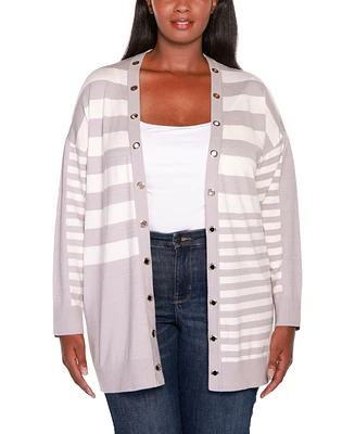 Belldini Plus Black Label Color Blocked Variegated-Stripe Cardigan Sweater