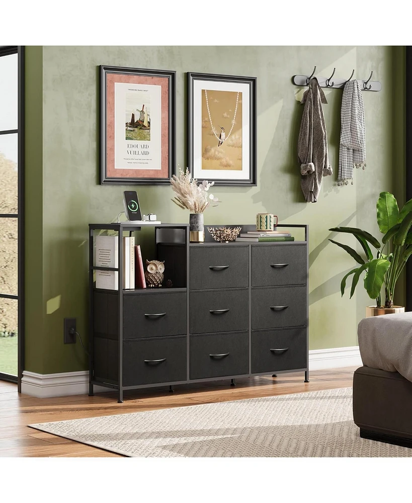 Wlive Dresser Tv Stand for Bedroom with Charging Station Wide Storage Chest of Drawers 8 Large Fabric and Open Shelves Organizer