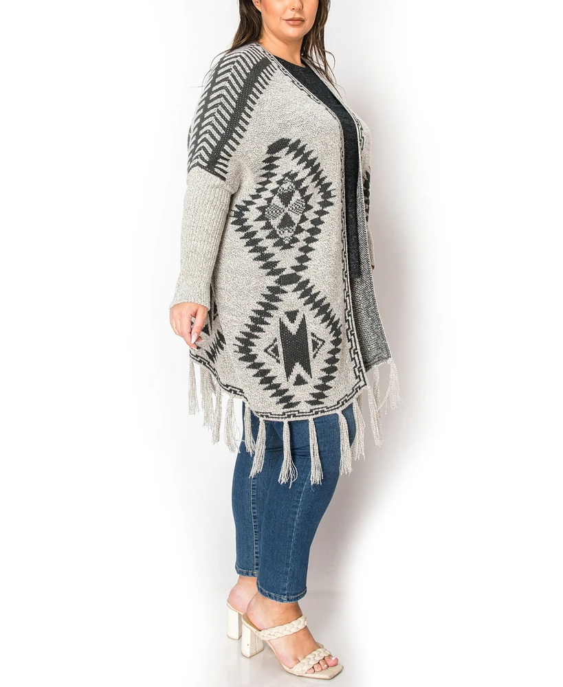 Coin 1804 Plus Tribal Cardigan Sweater with Fringe