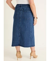 June + Vie Women's Plus Front-Slit Denim Midi Skirt