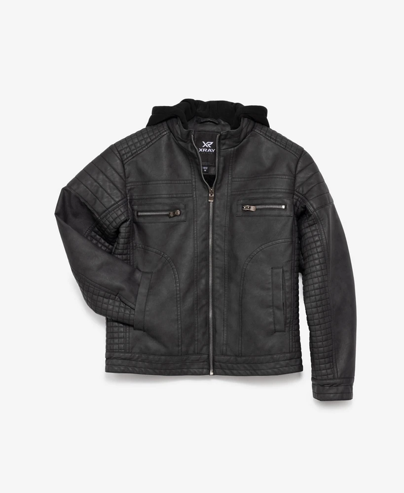 Boy's Lined Moto Pu Leather Jacket With Removable Hood