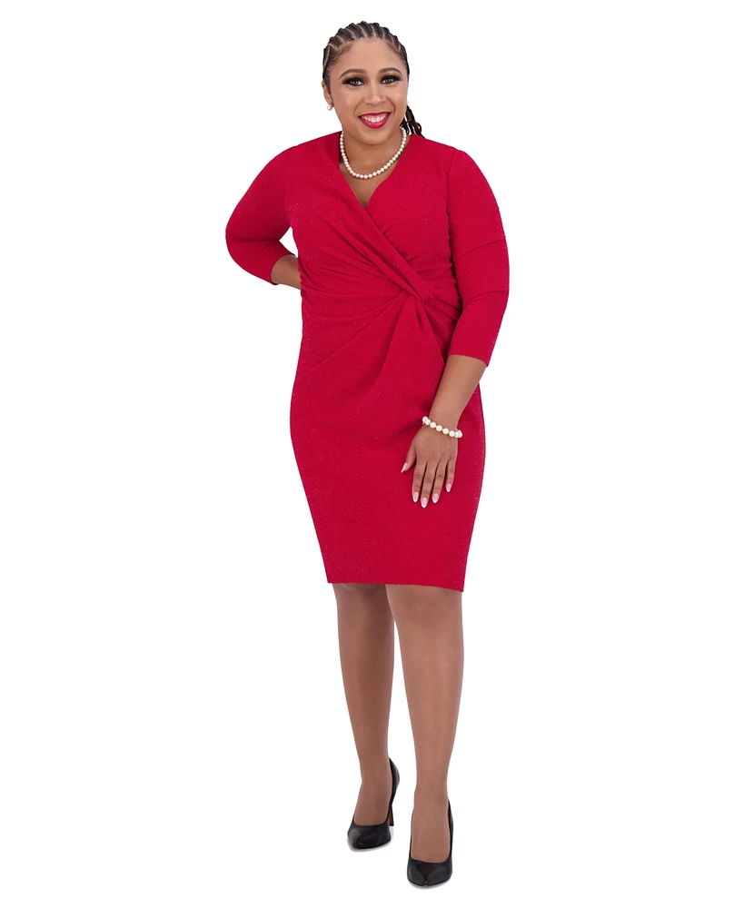 Kasper Women's Twist-Front 3/4-Sleeve Glitter Sheath Dress