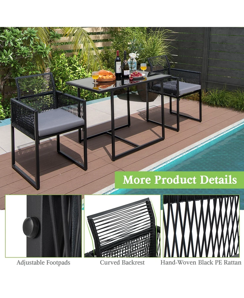 3 Pieces Outdoor Dining Set with Folding Backrest and Seat Cushions
