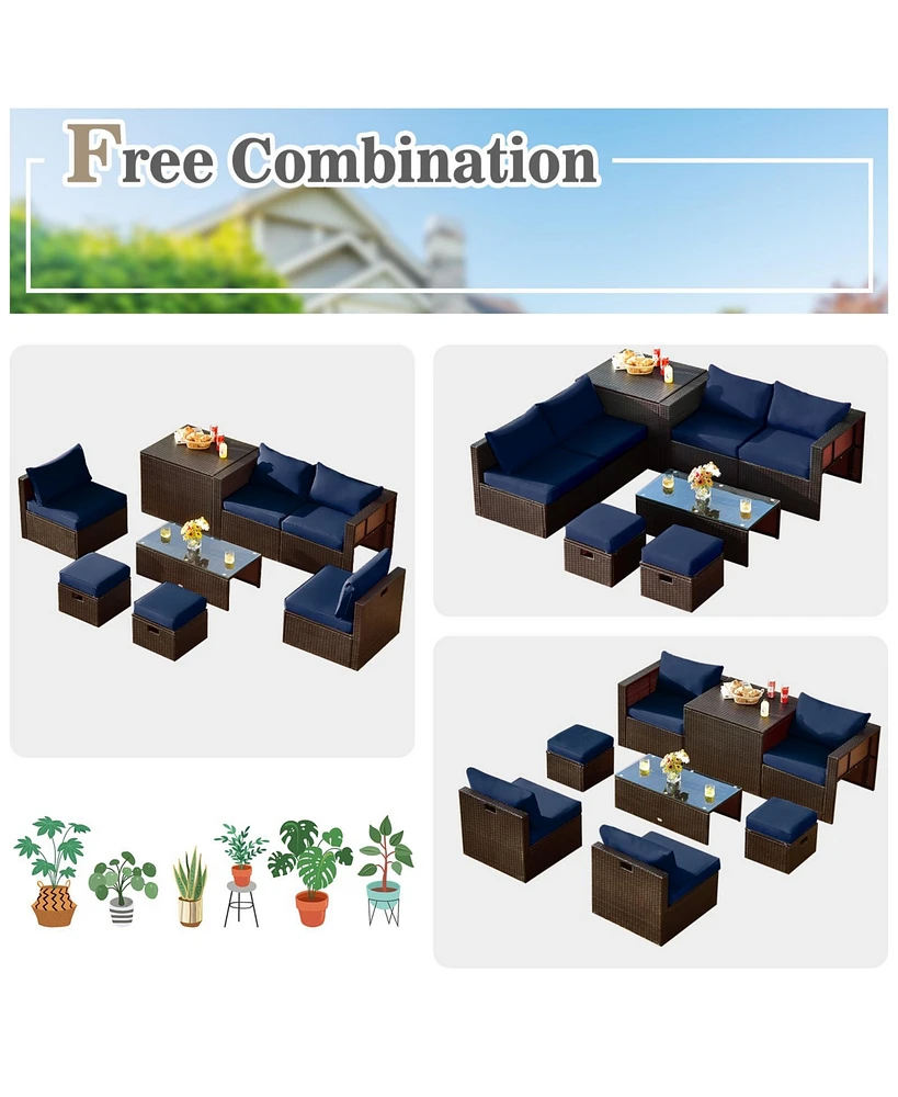 8 Pieces Patio Space-Saving Rattan Furniture Set with Storage Box and Waterproof Cover