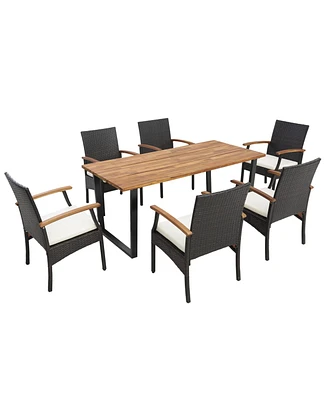 7 Pieces Outdoor Wicker Chair and Dining Table Set-Wood Handrail