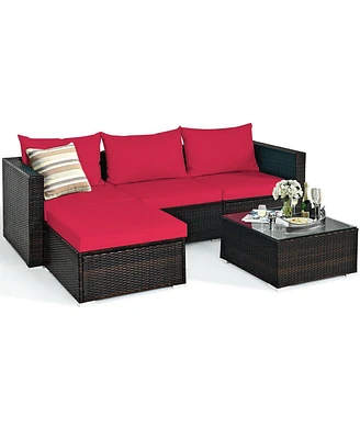 5 Pieces Patio Rattan Sectional Furniture Set with Cushions and Table