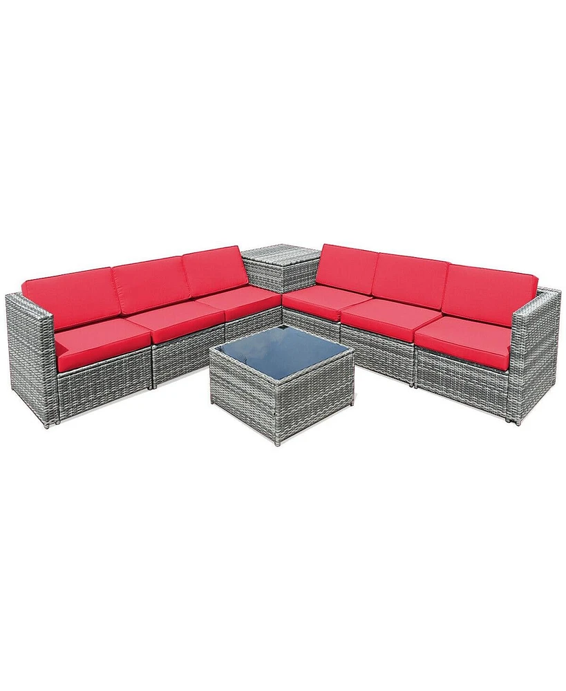 8 Piece Wicker Sofa Rattan Dinning Set Patio Furniture with Storage Table