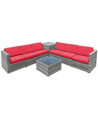 8 Piece Wicker Sofa Rattan Dinning Set Patio Furniture with Storage Table