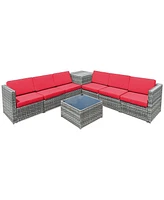 8 Piece Wicker Sofa Rattan Dinning Set Patio Furniture with Storage Table