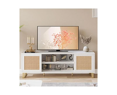 gaomon Rattan Tv Stand for 65 inch, Modern Entertainment Center with Marble Color Design, Tv Console Table with Storage, Doors and Shelves
