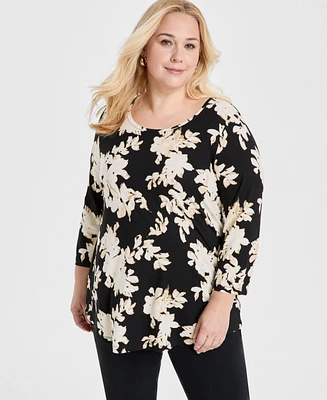 Jm Collection Plus Scoop-Neck 3/4-Sleeve Top, Exclusively at Macy's
