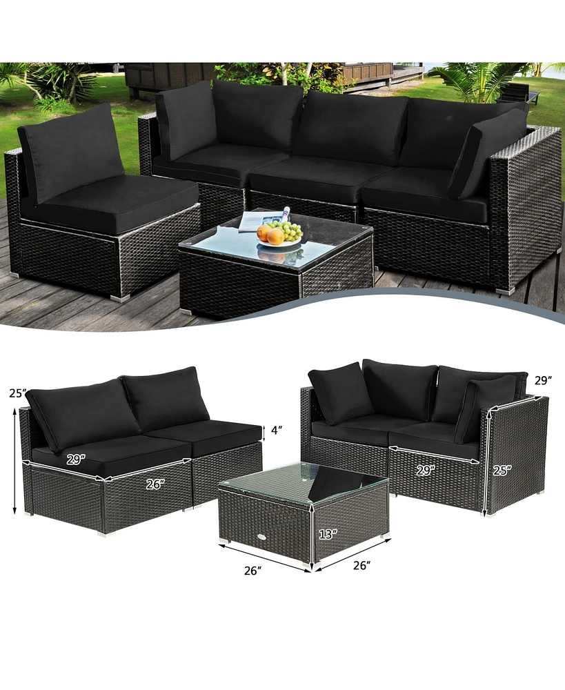 5 Pieces Cushioned Patio Rattan Furniture Set with Glass Table