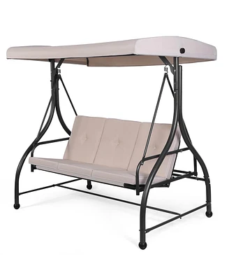 Converting Outdoor Swing Canopy Hammock 3 Seats Patio Deck Furniture beige