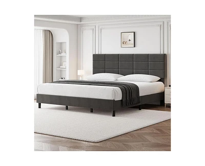 gaomon King Bed Frame, Linen Upholstered Platform King Bed Frame with Height Adjustable Headboard, Metal Frame King Bed Frame with Strong Wood Slats a