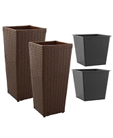 Casafield (Set of 2) All-Weather Outdoor Planters with Liners - White, Tall Tapered Plant Boxes Flower Pots for Front Porch, Patio, Garden