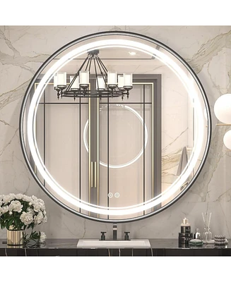 keonjinn Round Vanity Mirror Led Lighted Metal Wall Mirror Dimmable Bathroom Mirror