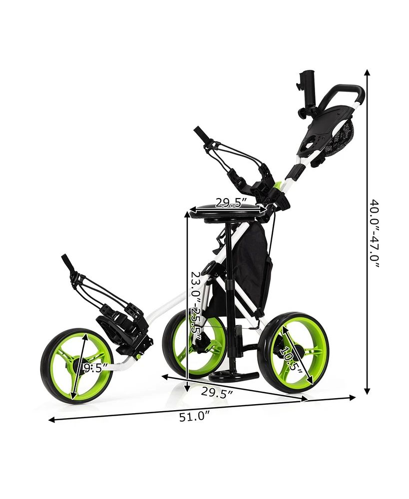 Gymax 3-Wheel Foldable Golf Push Pull Cart Trolley w/ Seat Adjustable Handle