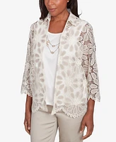 Alfred Dunner Women's Coming up Roses Medallion Lace Two in One Top with Necklace
