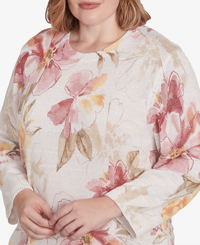 Alfred Dunner Plus Size Coming Up Roses Crew Neck Floral Sweater