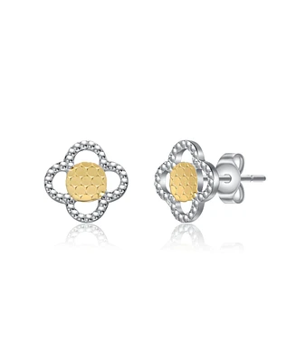 Two-Tone Milgrain Medallion Flower Stud Earrings in White Gold Plated or 14K Gold Plated