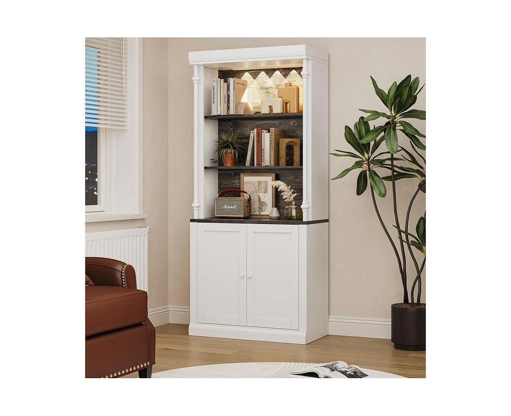 gaomon Tall Storage Bookcase with 3-Tier Open Shelves and Double Door, Roman Column Design and 4 Adjustable Lights, White & Black Wood Grain Display S