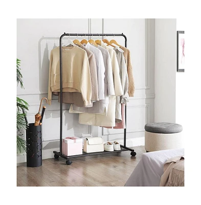 Rolling Garment Rack – Steel Tube Clothes Organizer with Bottom Mesh Shelf for Bedroom or Laundry Room
