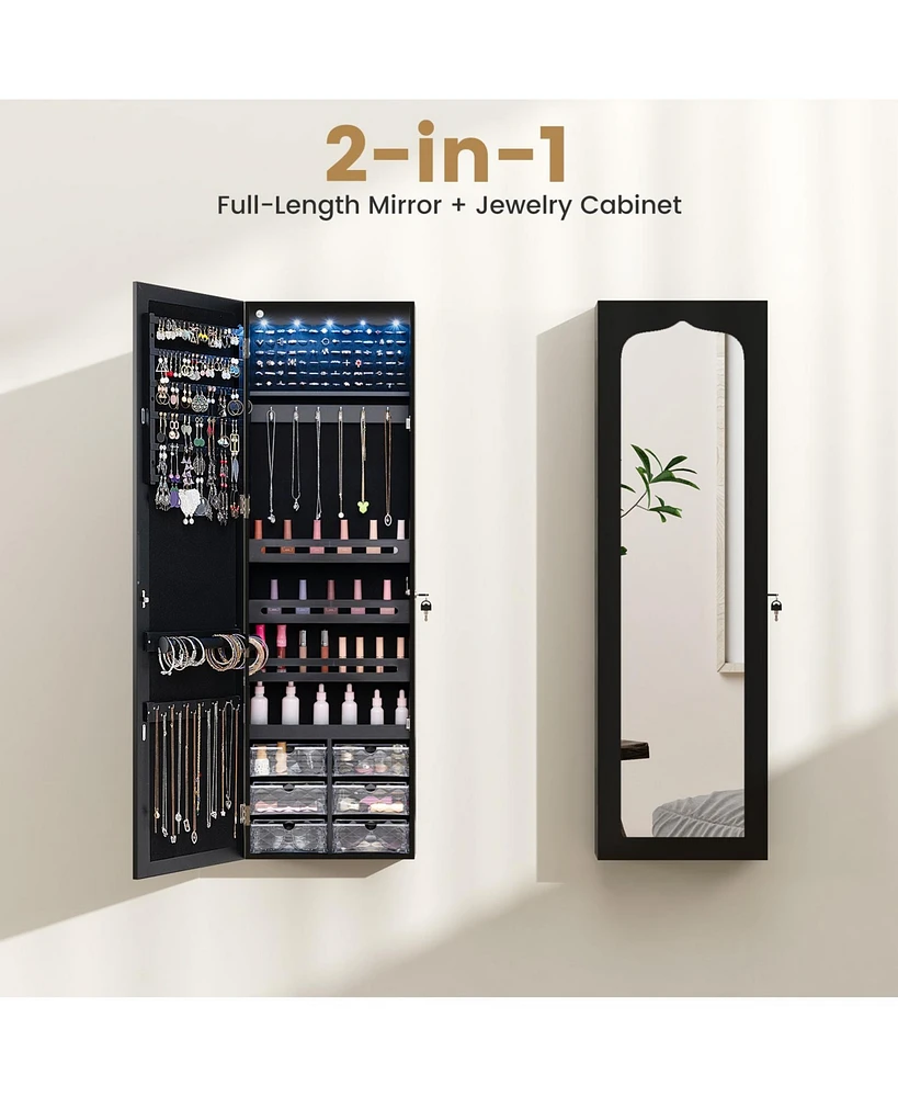 Gouun Door Hanging Mirror Jewelry Armoire with Full Length Mirror and 6 Drawers