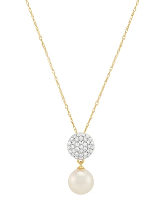 Honora Cultured Freshwater Pearl (7-1/2mm) & Diamond (1/4 ct. t.w.) Cluster Drop 18" Pendant Necklace in 14k Gold