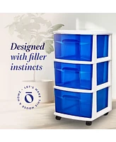 Homz Plastic 3 Drawer Medium Storage Container Tower, Blue Drawers/White Frame