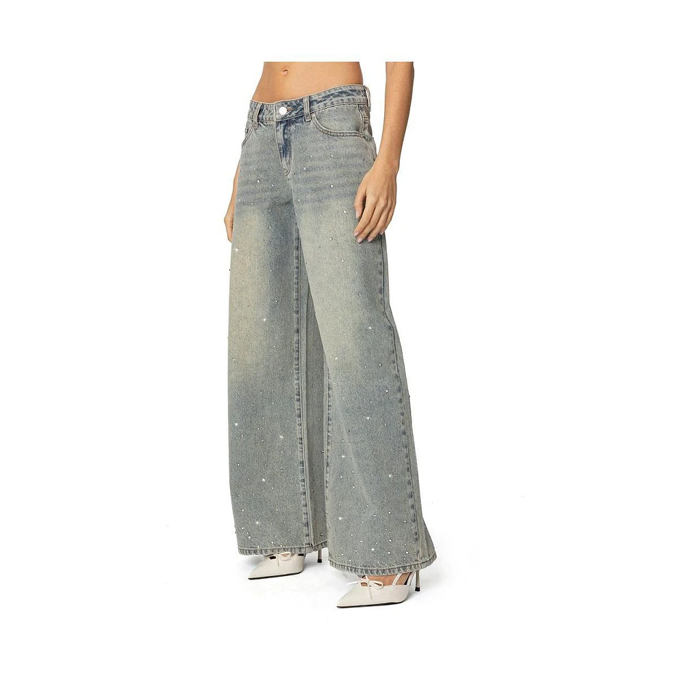 Edikted Womens Rhinestone Low Rise Washed Jeans