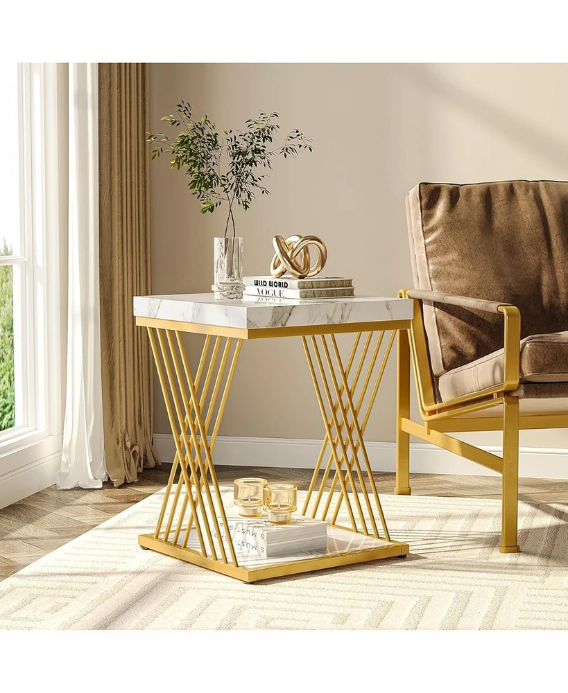Tribesigns Square End Table White Gold 2-Tier Side Table Modern Small Bedside Table with Storage for Couch, Sofa Side Table with Stylish Metal Frame f