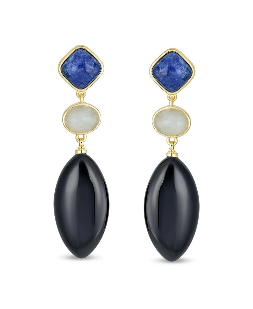 Bling Jewelry Unique Linear Long Natural Blue Lapis Black Onyx Rhombus Shape Square 3 Multi Tier Party Dangling Earrings Gold Plated