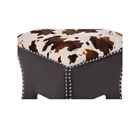 Baxton Studio Sally Modern and Contemporary Cow-print Patterned Fabric Brown Faux Leather Upholstered Accent Stool with Nail heads