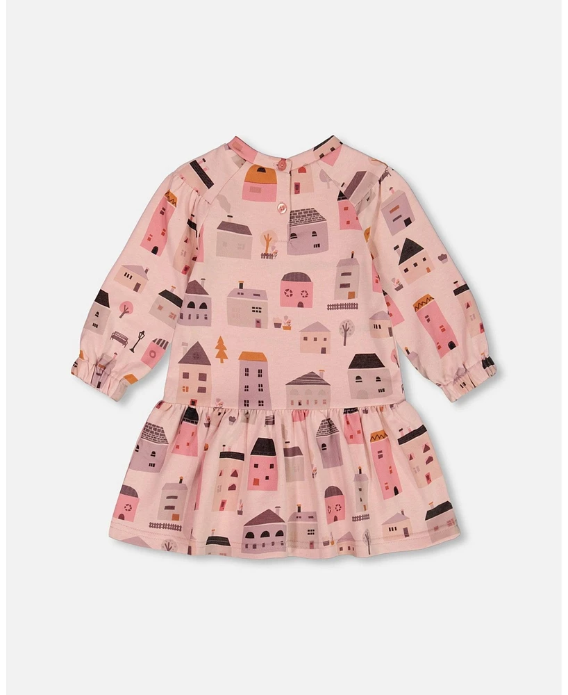 Deux par Baby Girls Printed French Terry Dress Pink And Coral Houses