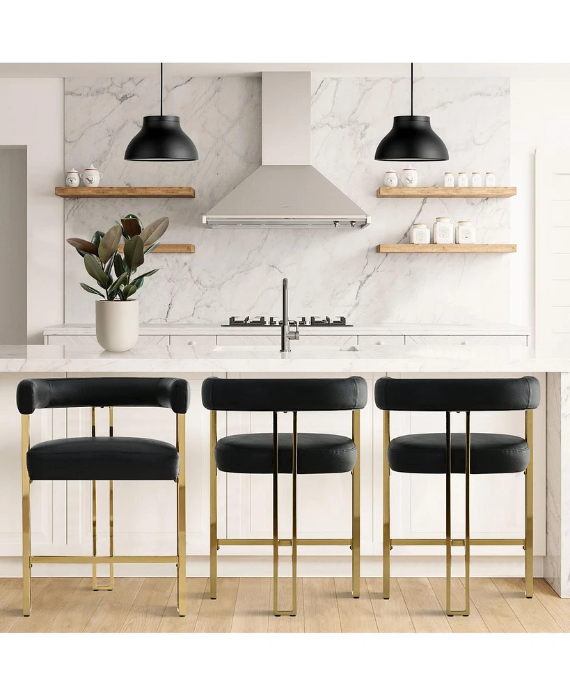 Set of 3 Faux Leather Counter Stools–Curved Armrests, Gold Legs, Modern Design for Kitchen & Bar-Maison Boucle
