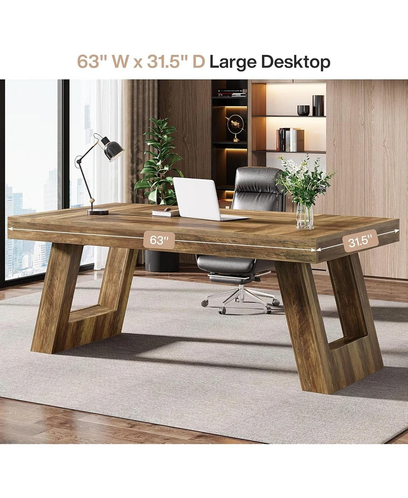 Tribesigns 63 Inches Wood Executive Desk, Large Home Office Desk with Double Pedestal, Industrial Computer Desk Study Writing Table, Business Workstat