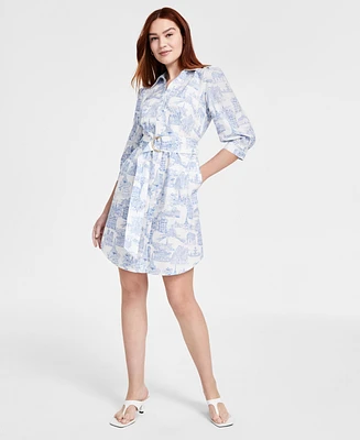 Women's Belted Button-Front Knee length Dress
