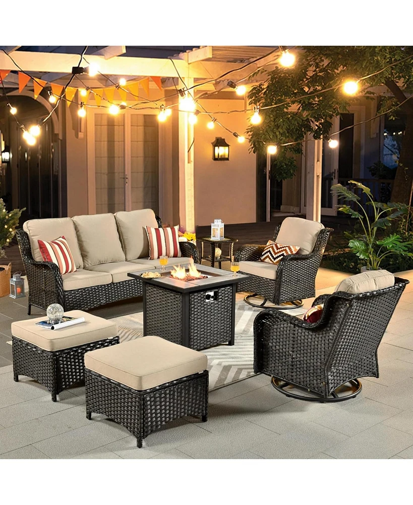 Xizzi Patio Furniture Sets Outdoor Swivel Rocking Chairs with 50,000 Btu Propane Fire Pit Table 7 Pieces All Weather Pe Wicker Conversation Sofa and M