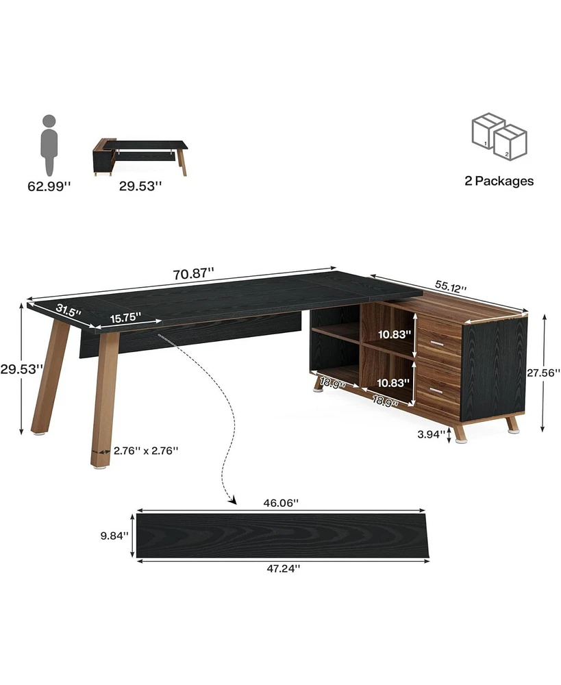 Tribesigns 71-Inch Executive Desk, L-Shaped Desk with 55-Inch Cabinet, Large Office Storage Shelves, Modern Computer for Home