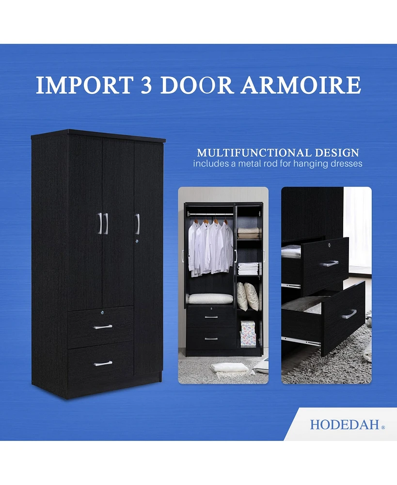 Hodedah Import 3 Door Armoire with Clothing Rod, Shelves, and 2 Drawers, Black