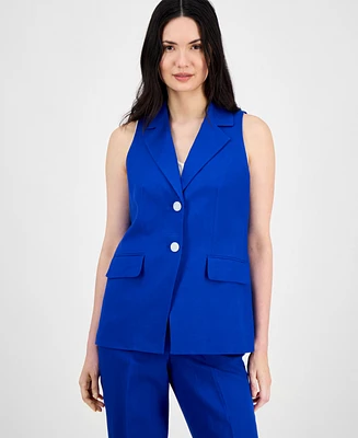 Anne Klein Women's Linen Blend Sleeveless Notched Collar Vest