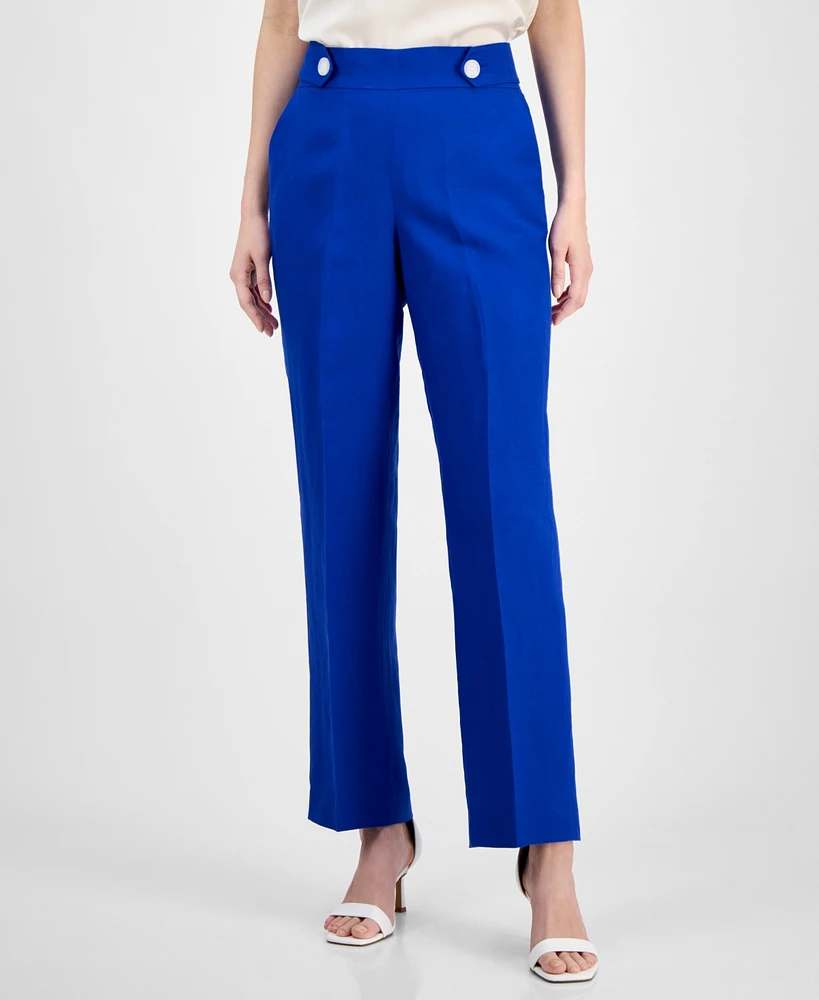 Anne Klein Women's Linen Blend High Rise Side-Tab Pull-On Pants