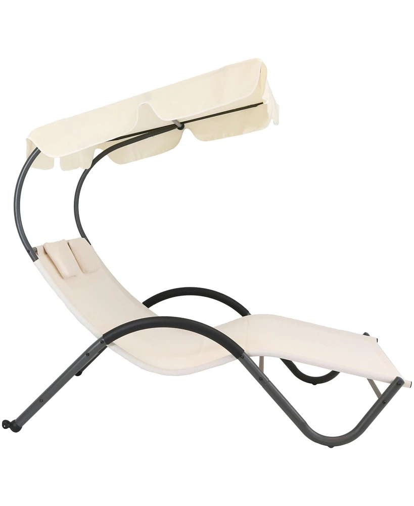 Outdoor Double Chaise Lounge with Canopy Shade and Headrest Pillows, Beige