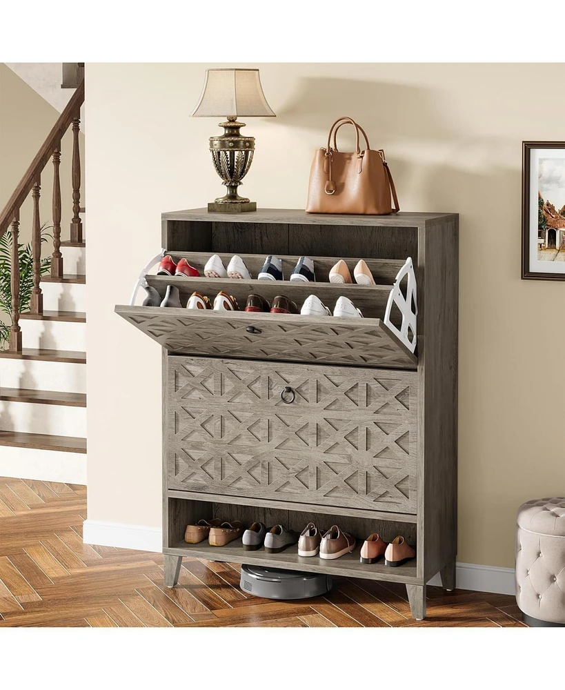 Tribesigns Shoe Cabinet with 2 Flip Drawers, Narrow Storage Organizer for Entryway, Freestanding Wood Rack Wooden Legs Adjustab