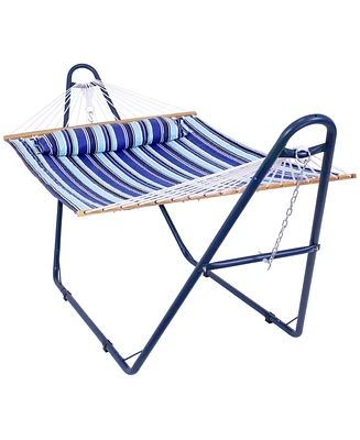 Outdoor 2-Person Double Polyester Quilted Hammock with Wood Spreader Bar and Matte Blue Steel Multi-Use Stand - Catalina Beach