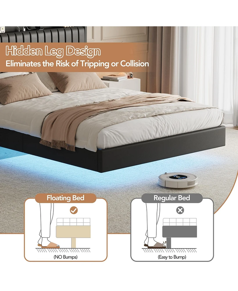 gaomon Full Size Floating Bed Frame with Rgb Led Lights & Charging Station