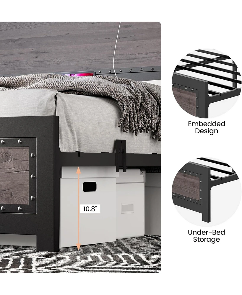 gaomon King Size Bed Frame with Headboard, Industrial Platform Bed Frame with Charging Station, No Box Spring Required, Easy to Assemble, Wooden Mattr