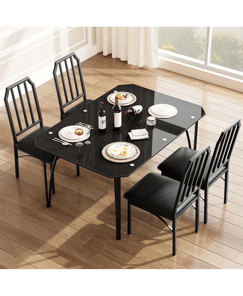Glass Dining Table Set for 4, Kitchen Table Chairs Set of 4 with Comfortable Pu Cushion, Dining Room Table Set for 4 with Kitchen Chairs Furniture Sui